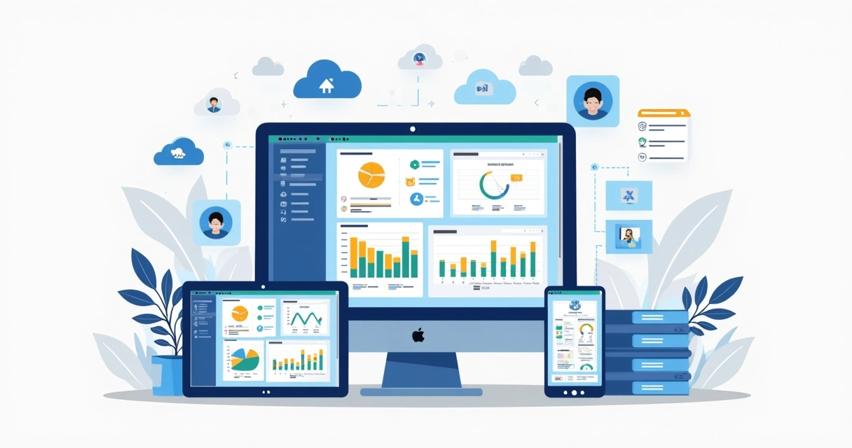 Dashboard empresarial com gráficos coloridos, indicadores e painéis customizáveis em estilo flat corporativo 