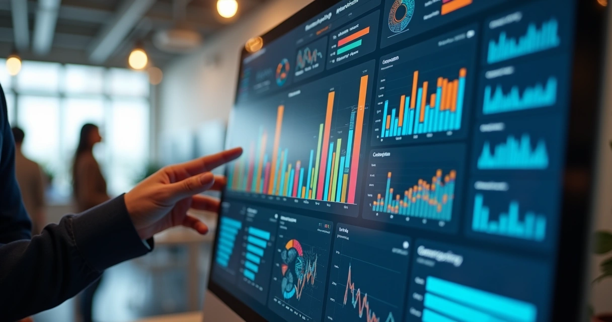 Dashboard digital com gráficos de desempenho e indicadores empresariais 