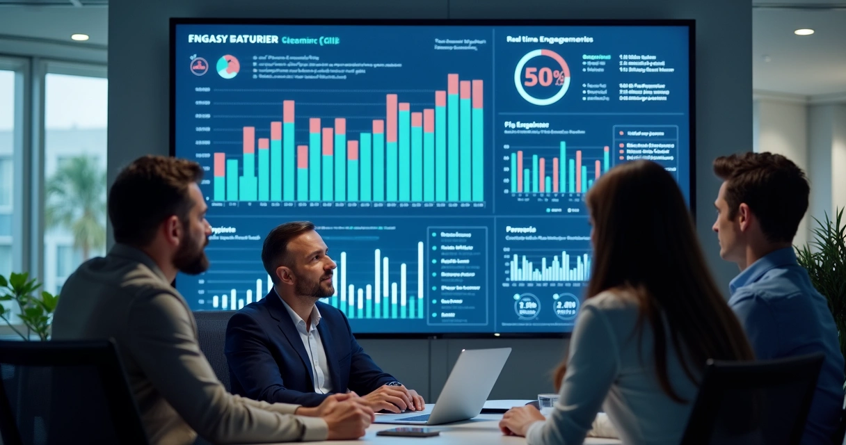 Dashboard digital interativo mostrando métricas de engajamento de colaboradores em tempo real, com gráficos coloridos e equipes reunidas ao fundo 