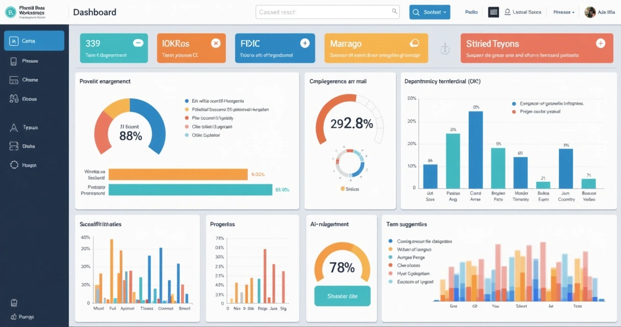 Dashboard digital ilustrando engajamento de equipe e evolução de OKRs em PME. 