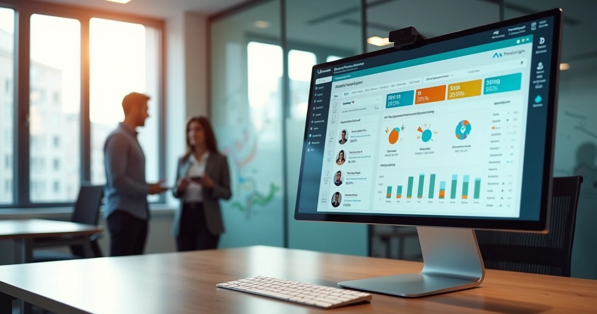 Painel de CRM com enriquecimento de dados de leads em tela grande de computador 