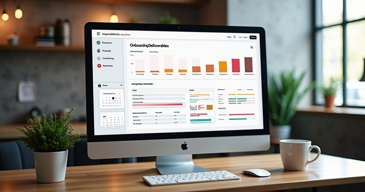 Dashboard digital mostrando entregáveis, prazos e status do onboarding 