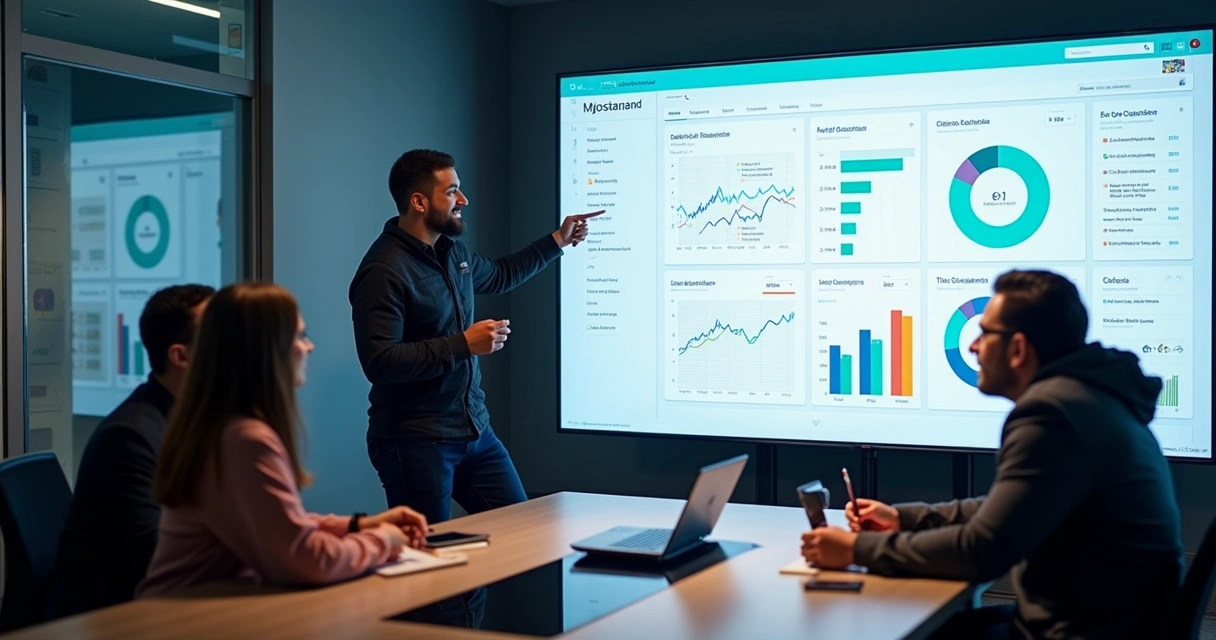 Equipe reunida analisando dashboard colorido de vendas B2B em uma sala moderna 