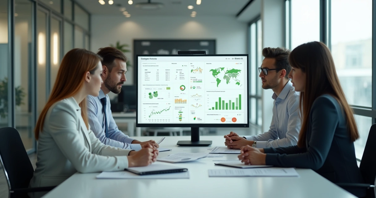 ERP mostrando dashboard financeiro e equipe reunida