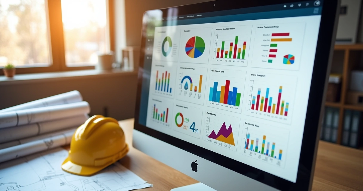 Dashboard colorido de ERP com gráficos de obras, recebíveis e estoque 