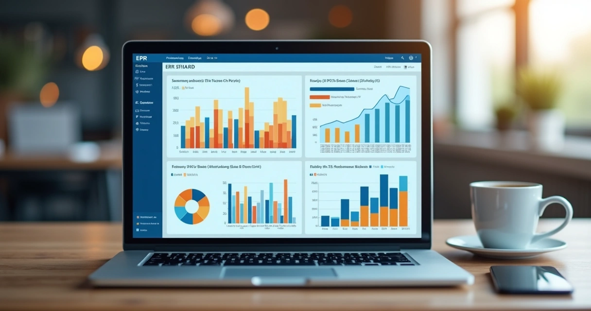 Dashboard ERP em tela de notebook com gráficos 