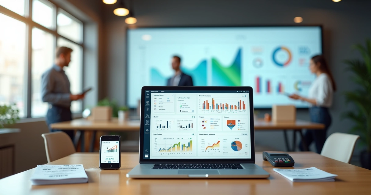 Painel de ERP integrando estoque, pedidos e finanças de loja virtual em tela de notebook 