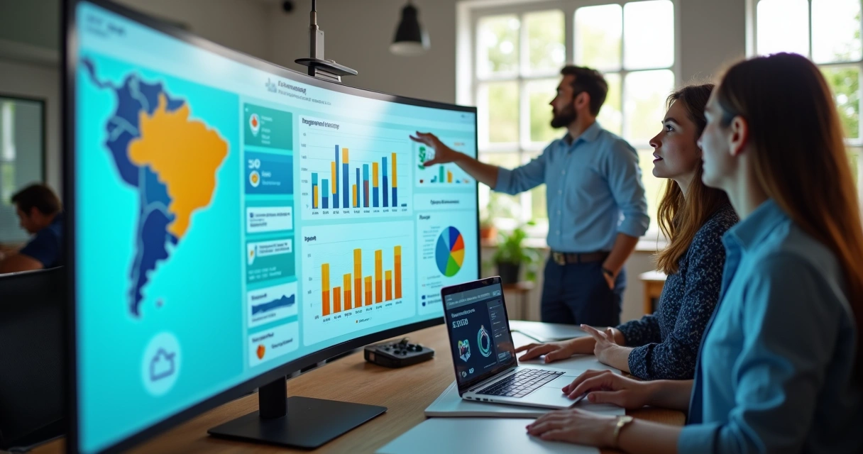 Gestores analisando painel de ERP integrado em escritório moderno 