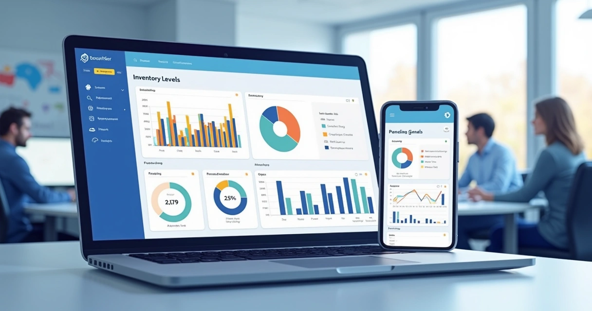 Dashboard de sistema ERP exibindo controle de estoque e gráficos interativos 