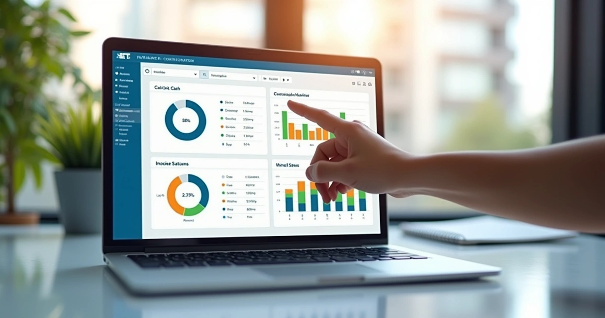 Painel digital com gráficos financeiros e relatórios ERP 