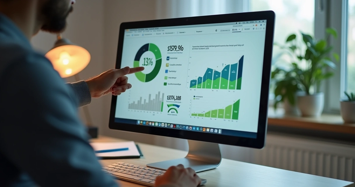 Dashboards financeiros no ERP com gráficos coloridos e indicadores claros 