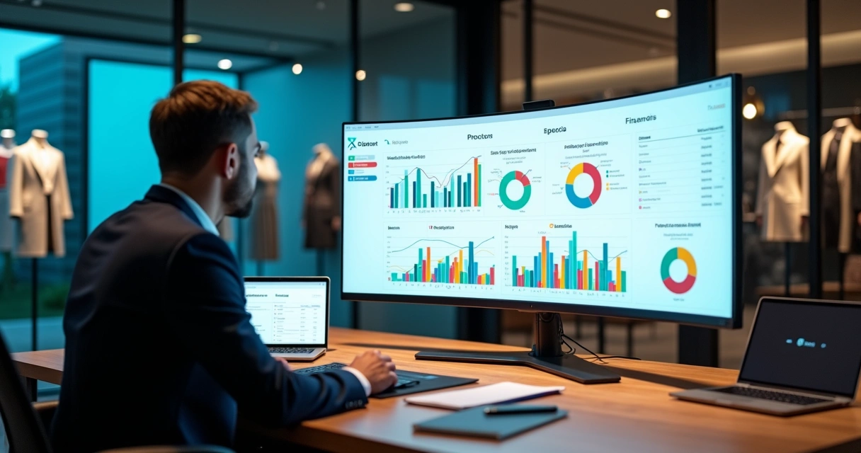 Gestor analisando dashboard de ERP com gráficos de estoque e financeiro em tela ampla 