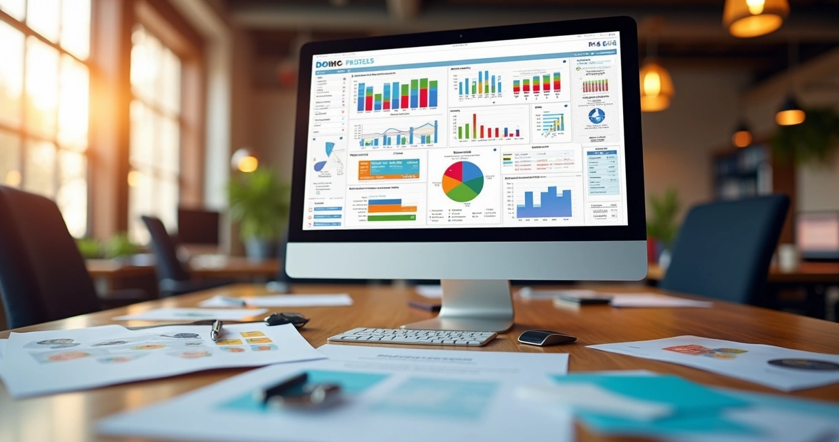 Tela de ERP mostrando gráficos de vendas de produtos gráficos sob demanda em ambiente de escritório moderno 