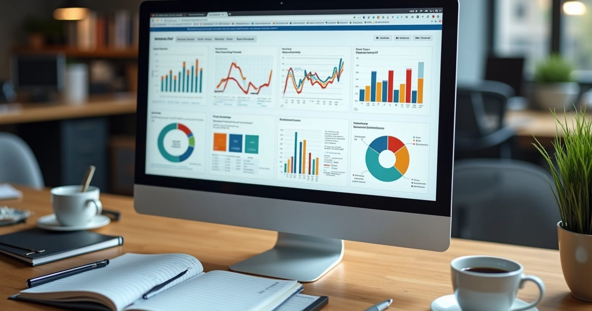 Dashboard ERP com gráficos de IA na tela 