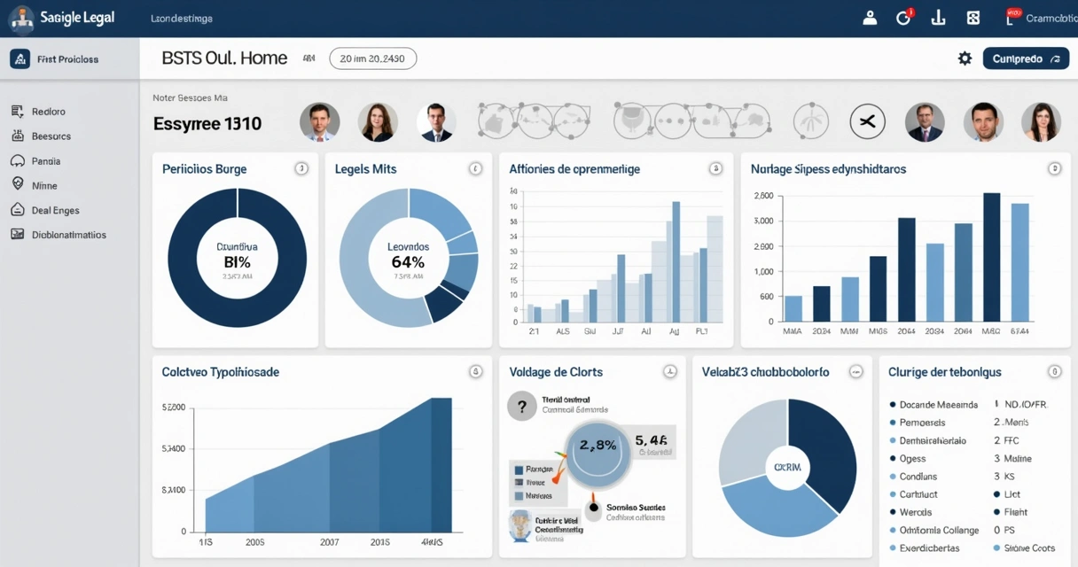 Painel ERP jurídico com módulos financeiros, jurídicos e de comunicação integrados. 