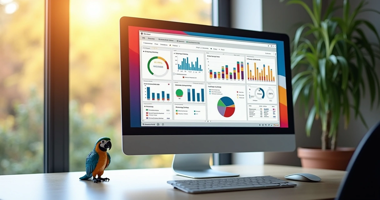 Tela de ERP moderno em monitor mostrando gráficos coloridos 