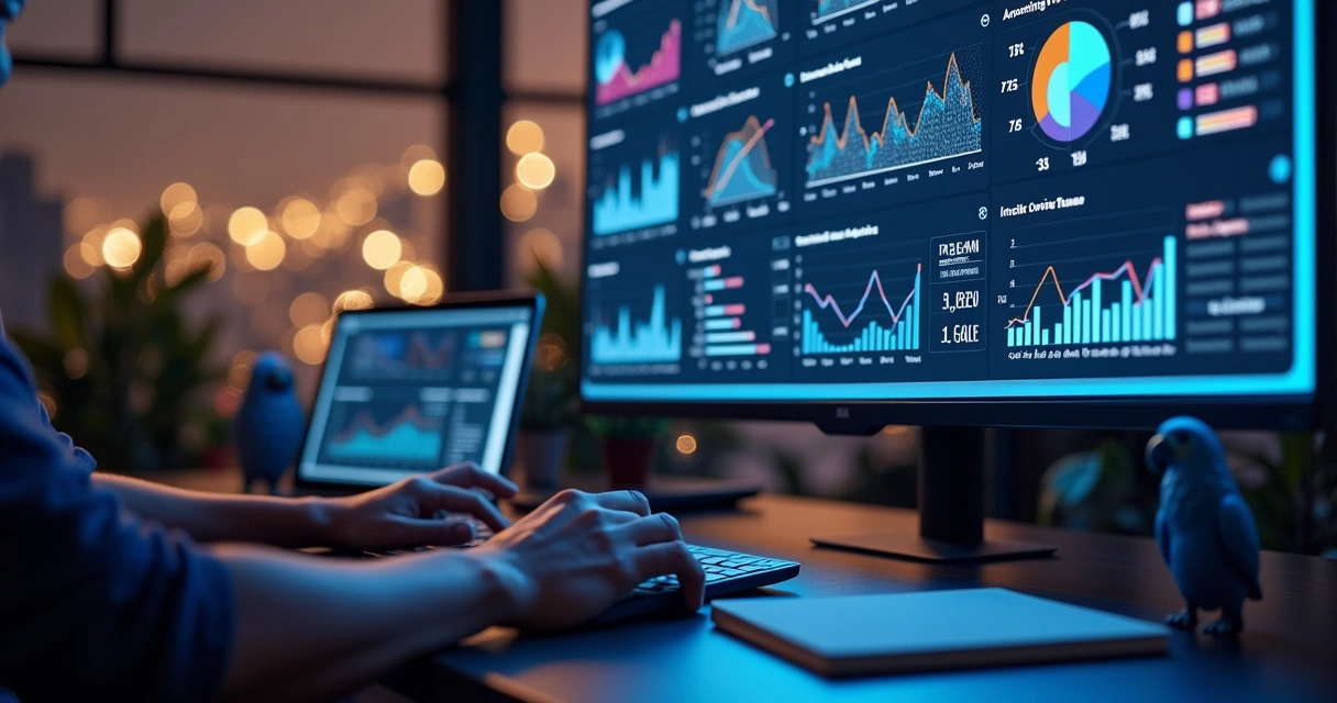 Painel de ERP no-code com gráficos e métricas em destaque em tela escura 