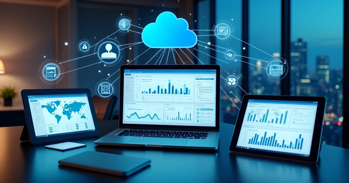 Dashboard moderno de ERP mostrando setores integrados em nuvem 
