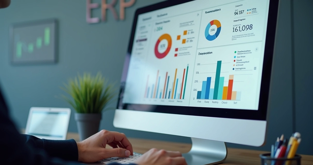 Tela de dashboard de ERP com gráficos e integrações para pequenas empresas