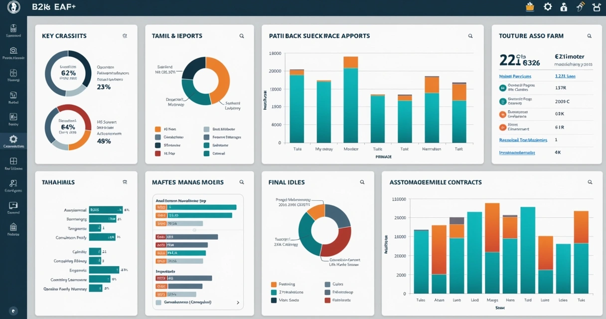 Dashboard de ERP mostrando relatórios de projetos B2B, indicadores coloridos, gráficos de barras e pizza 