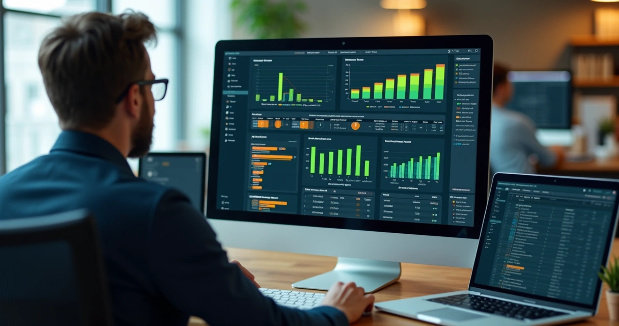 Interface de dashboard ERP mostrando gráficos de vendas, estoque e financeiro