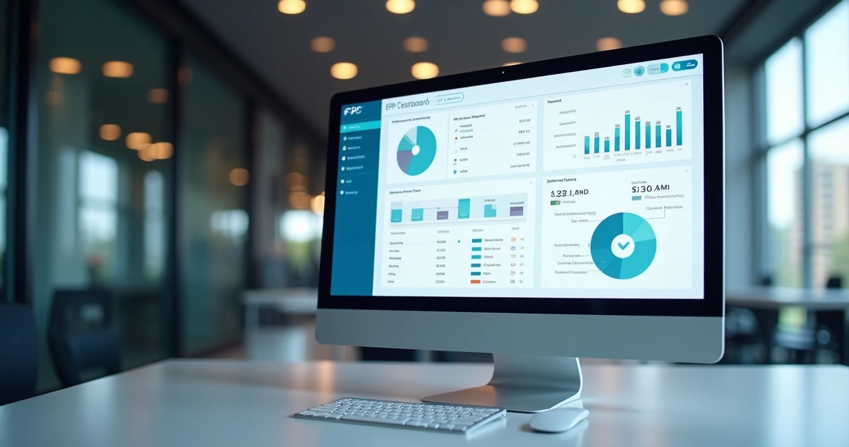 Dashboard ERP com relatórios e selo de segurança na tela 