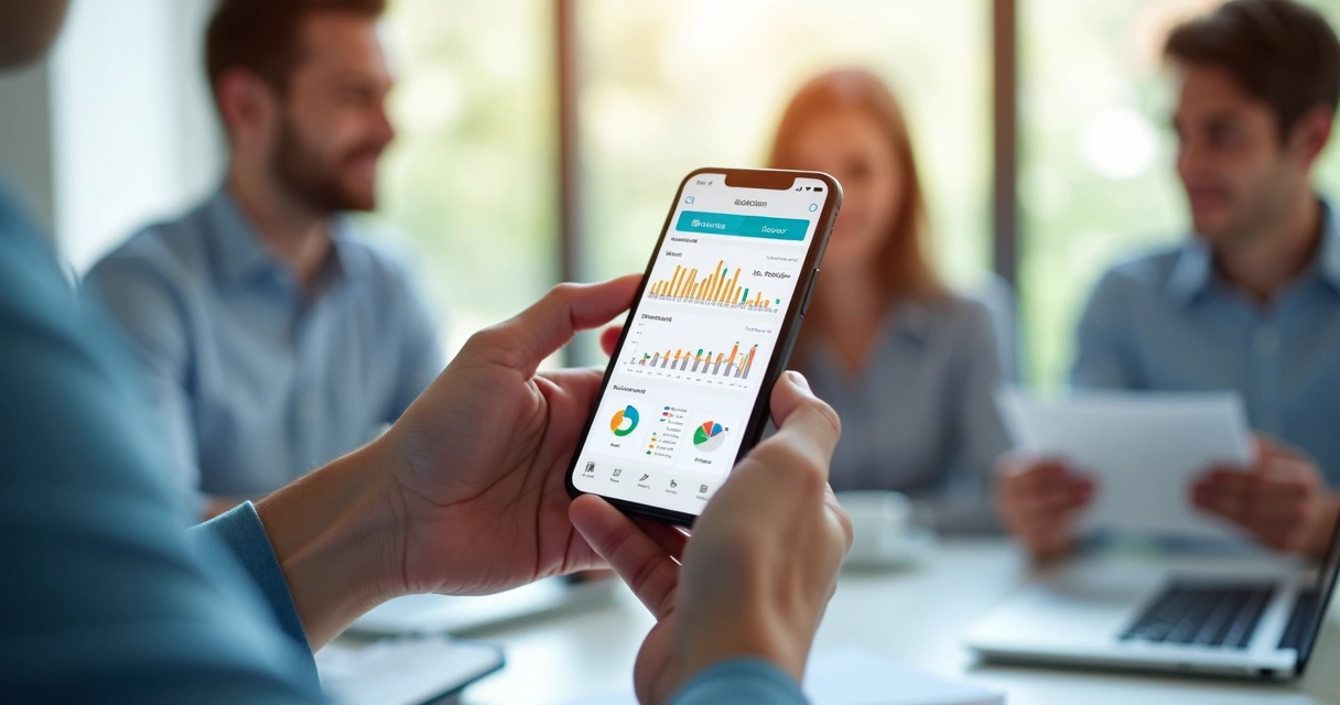 Tela de ERP aberta em smartphone exibindo gráficos 