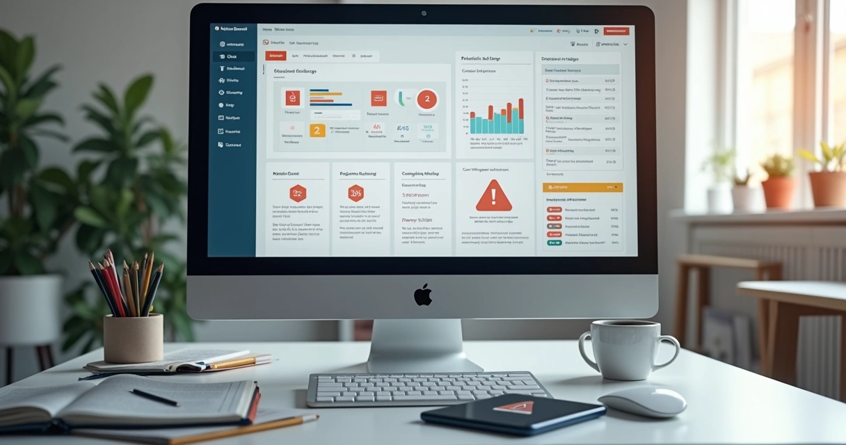 Tela de computador mostrando dashboard de plataforma EAD com alertas de erros técnicos e interface de controle de cursos online 