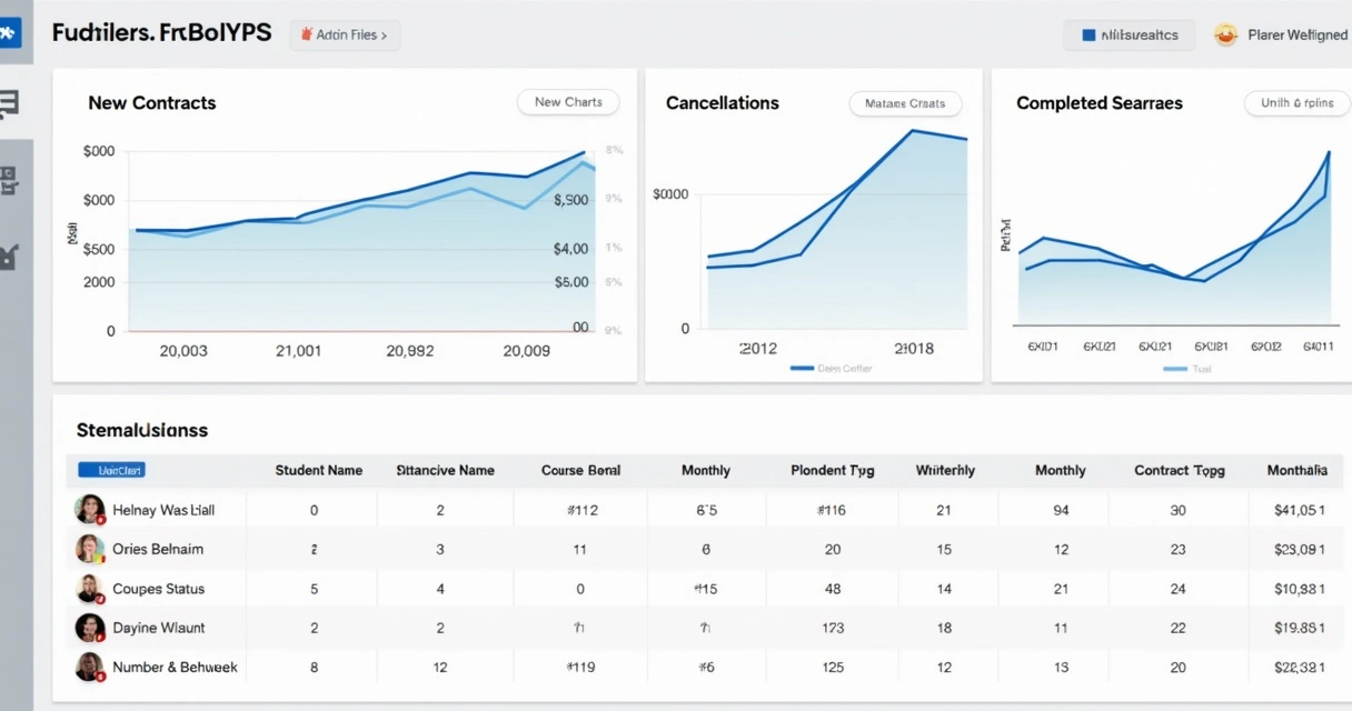 Dashboard de contratos escolares, matrículas e situação dos alunos 