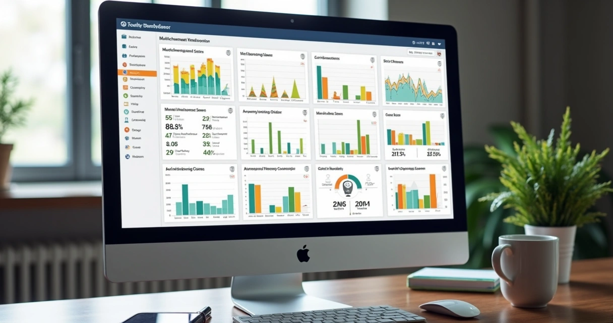 Tela de dashboard mostrando vendas e saldo de estoque em vários canais. 