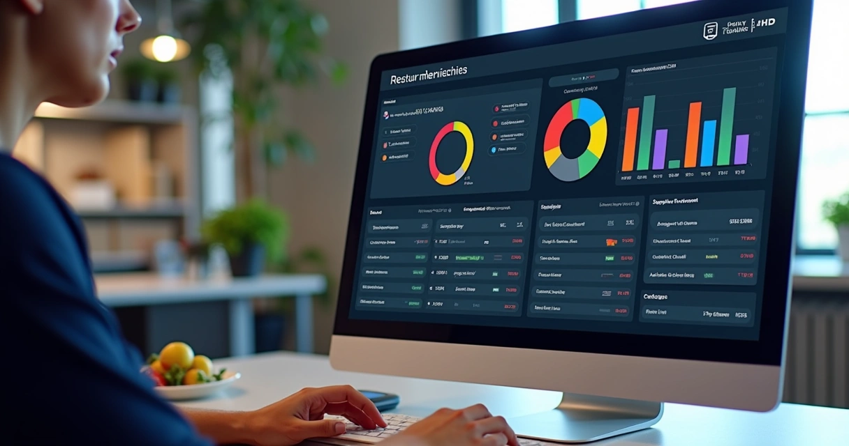 Dashboard digital de controle de estoque e custos em tela widescreen em ambiente de escritório. 