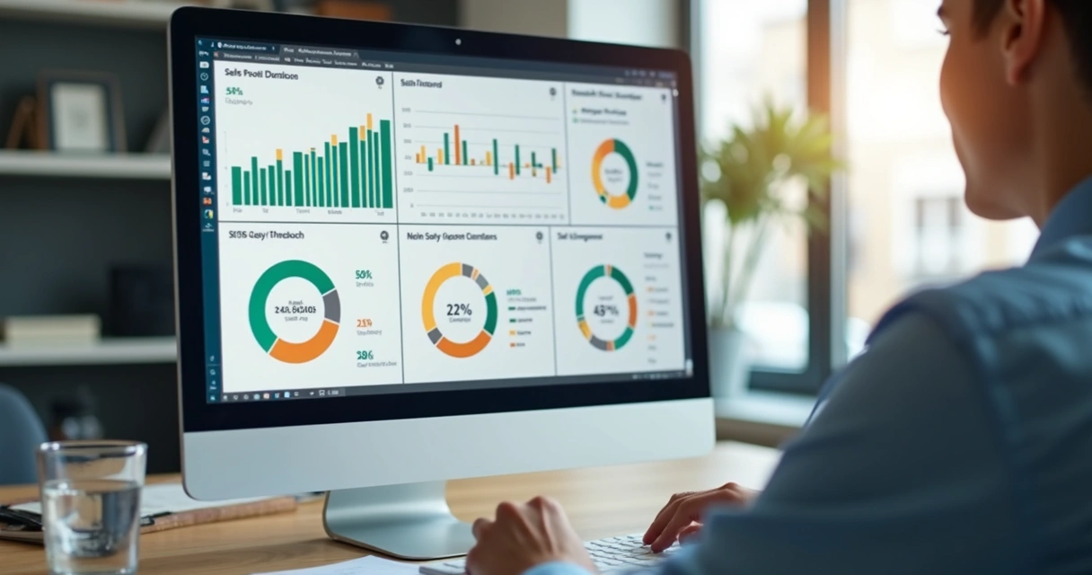 Dashboard de vendas e estoque com computador, gráficos de barras e pizza e indicadores destacados 