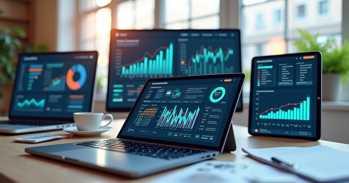 Computadores e tablets exibindo dashboards coloridos com gráficos, tabelas e métricas em ambiente moderno de escritório 