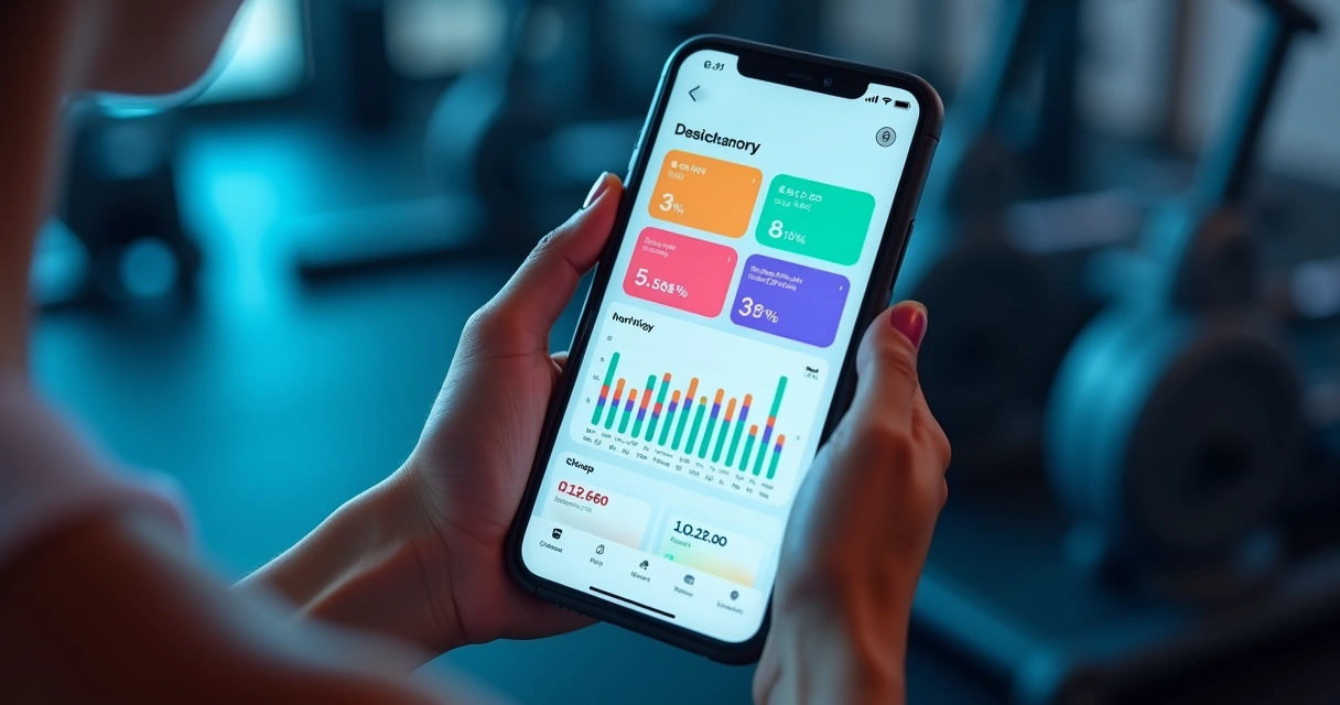 Dashboard de aplicativo biométrico esportivo mostrando gráficos de evolução