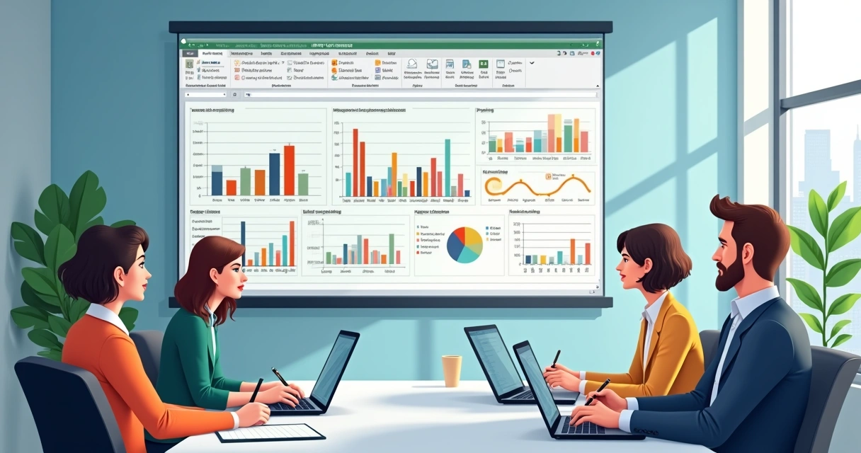 Dashboard de Excel avançado projetado em tela, simulando relatórios corporativos. 