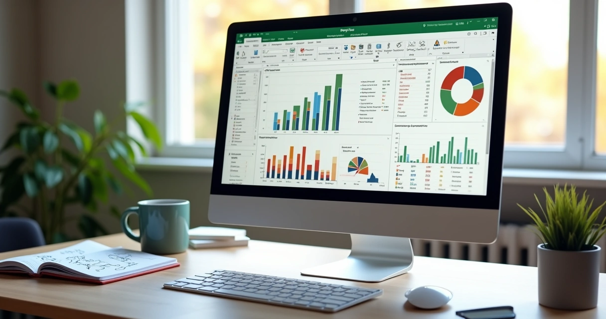 Dashboard de Excel com gráficos coloridos em tela de desktop 