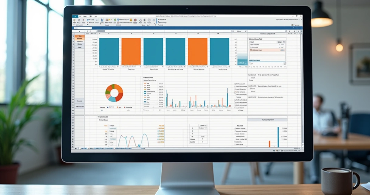 Tela de computador exibindo dashboard no Excel com retângulos coloridos organizando o layout da planilha 