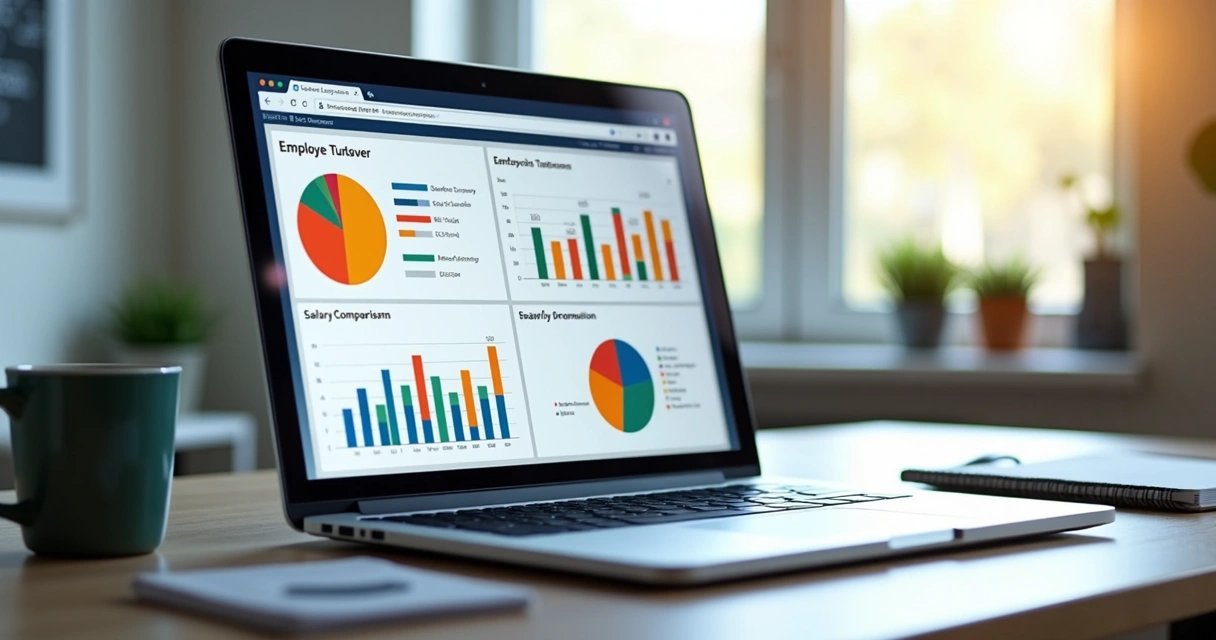 Dashboard de RH em Excel com gráficos coloridos na tela de um notebook 