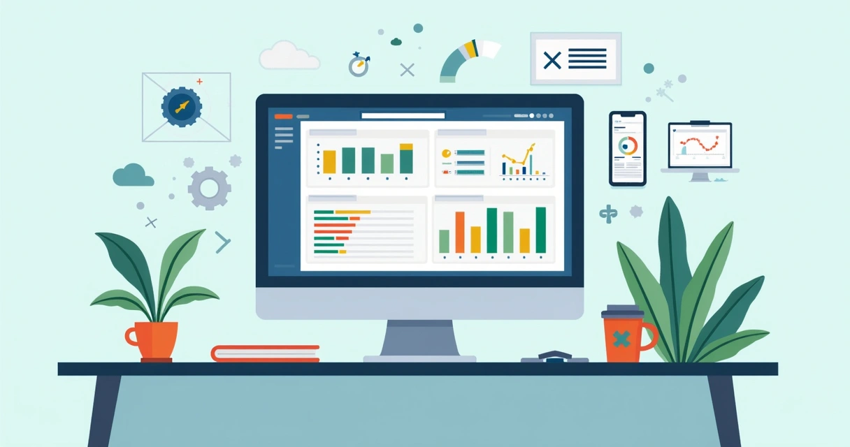 Ilustração corporativa de dashboard digital em Excel com gráficos, tabelas e ícones de SaaS 