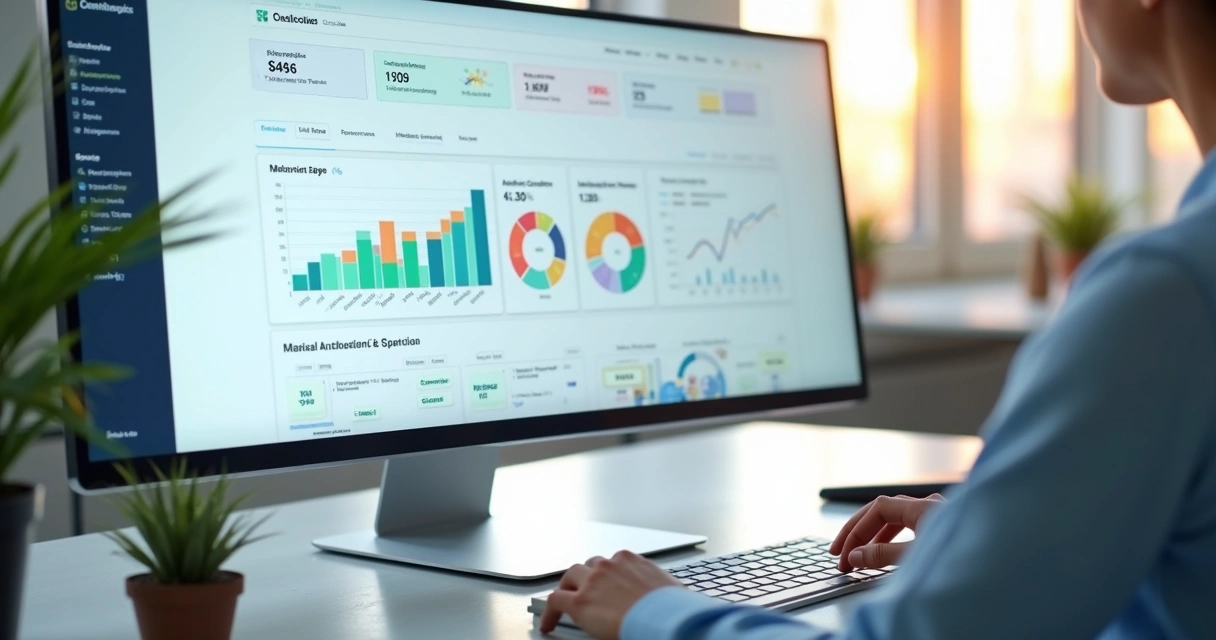 Dashboard de expansão de clientes com gráficos coloridos, barras e análises em tela de computador. 