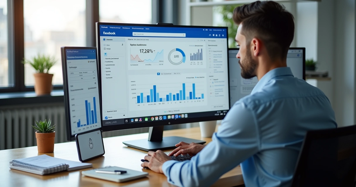 Gestor de marketing analisando painel de Facebook Ads com gráficos de desempenho 