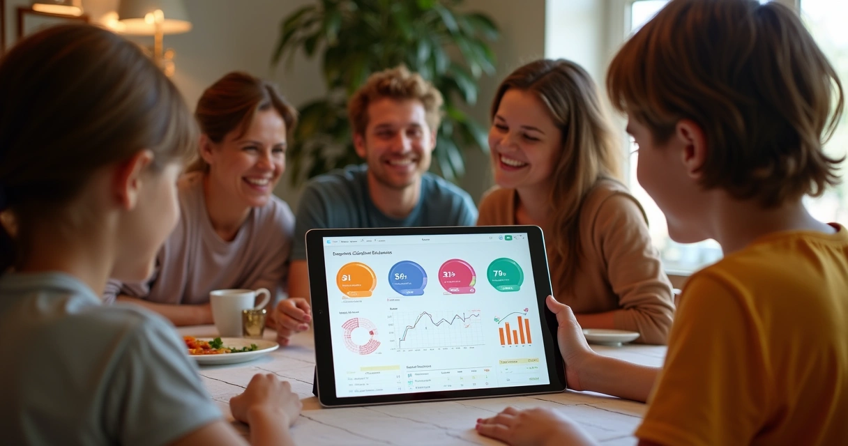 Dashboard financeiro com família reunida ao redor 