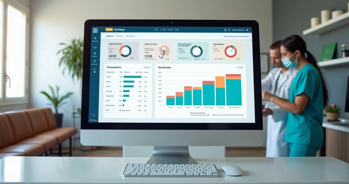 Painel de controle financeiro de clínica com gráficos coloridos 