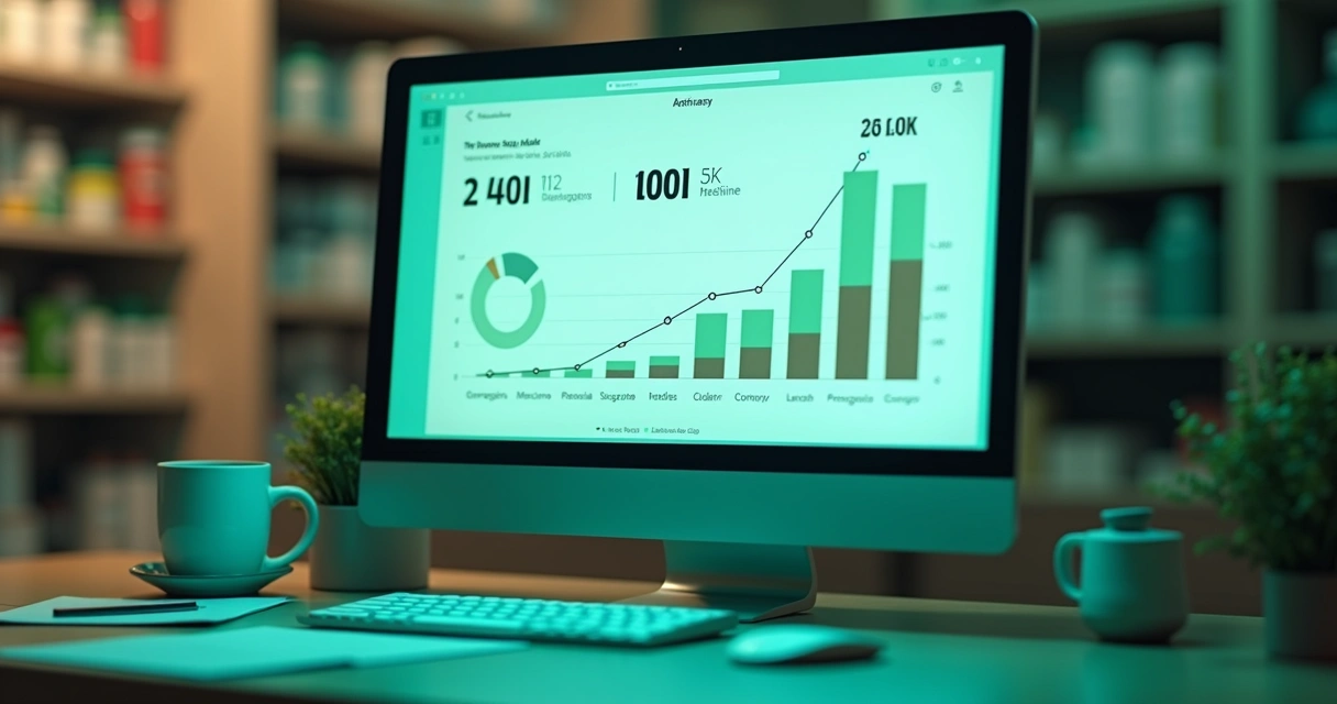 Dashboard digital de vendas de farmácia exibindo gráfico crescente 