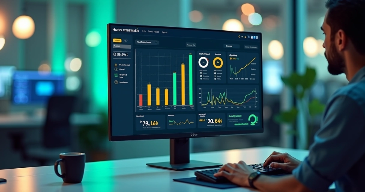 Dashboard analítico com gráficos de faturamento e horas trabalhadas em tela de computador 