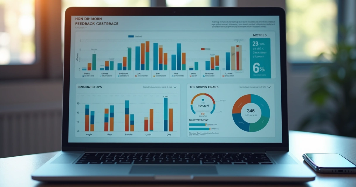 Dashboard digital mostrando análises de feedbacks automatizados 