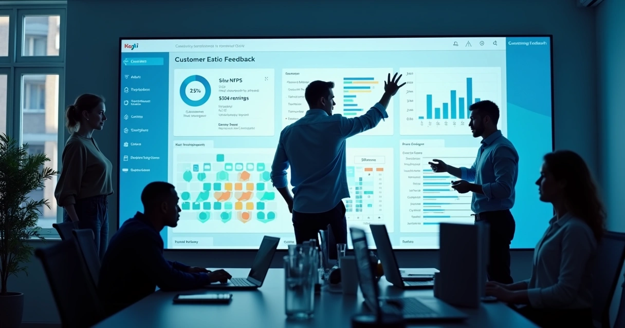 Dashboard com gráficos de feedback de clientes em tela grande