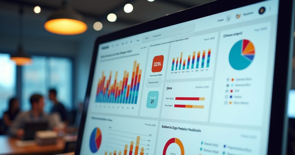 Dashboard colorido com gráficos de análises de comportamento de clientes, mostrando avaliações positivas e negativas por período 