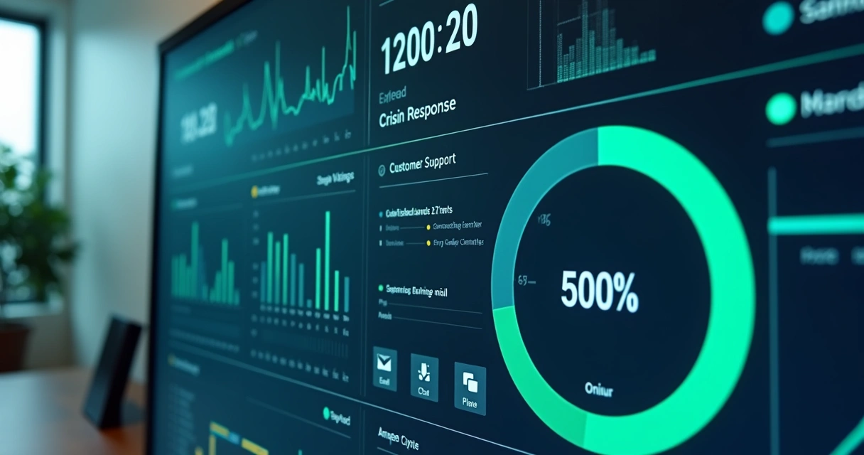 Dashboard digital com gráficos de satisfação do cliente em tempo real, ícones de canais de atendimento e destaque para feedbacks recebidos. 