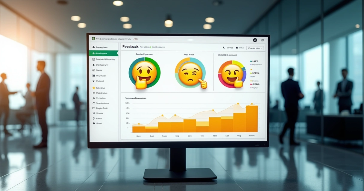 Painel digital com gráficos e emojis mostrando satisfação do cliente 